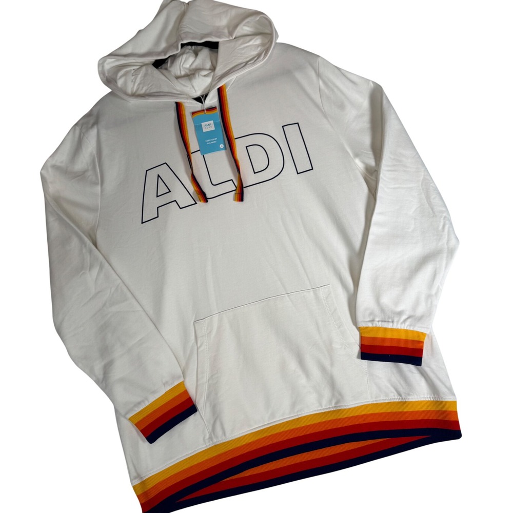 Aldi Gear Hoodie White Retro Rainbow Stripe Pullover Sweatshirt XL 823192